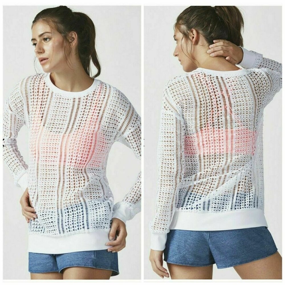 Fabletics White Sophie Open Mesh Weave Long Sleeve